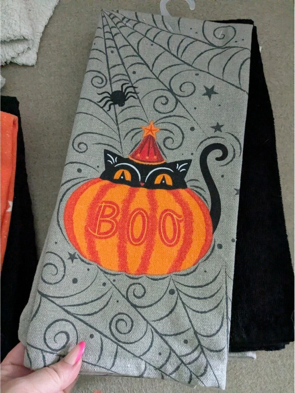 Johanna Parker Set of 3 Halloween Kitchen Towel Cat Pumpkins Boo Vintage